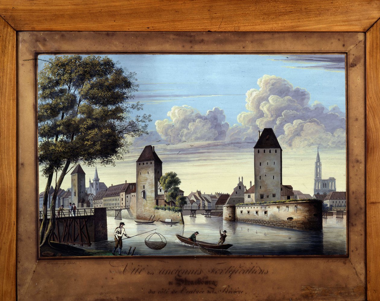 Näkymä Strasbourgin vanhoista linnoituksista joen sisäänkäynnin puolella - maalaus lasille tekijältä Unknown artist