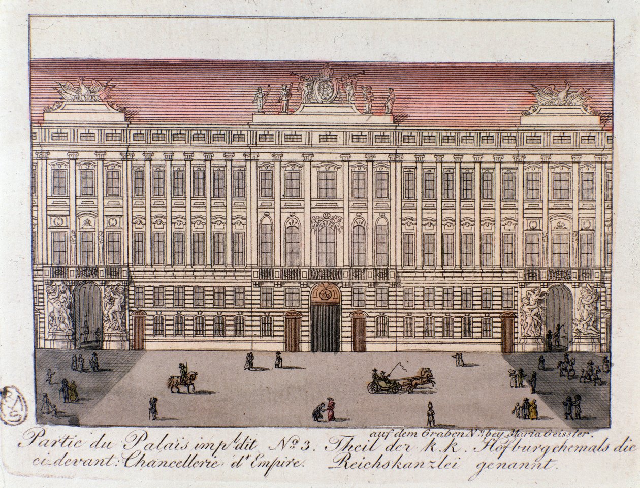 Näkymä Keisarillisen palatsin osasta nimeltä Chancery of Empire Wienissä. Itävalta. Kaiverrus 1815 Yksityiskokoelmasta tekijältä Unknown artist
