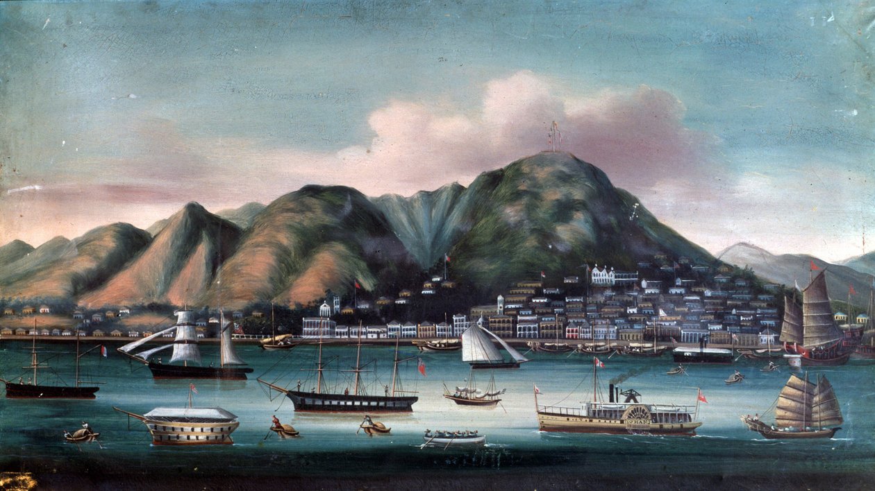 Näkymä Hongkongin satamasta (purjeveneet ja polkuvene) tekijältä Unknown artist