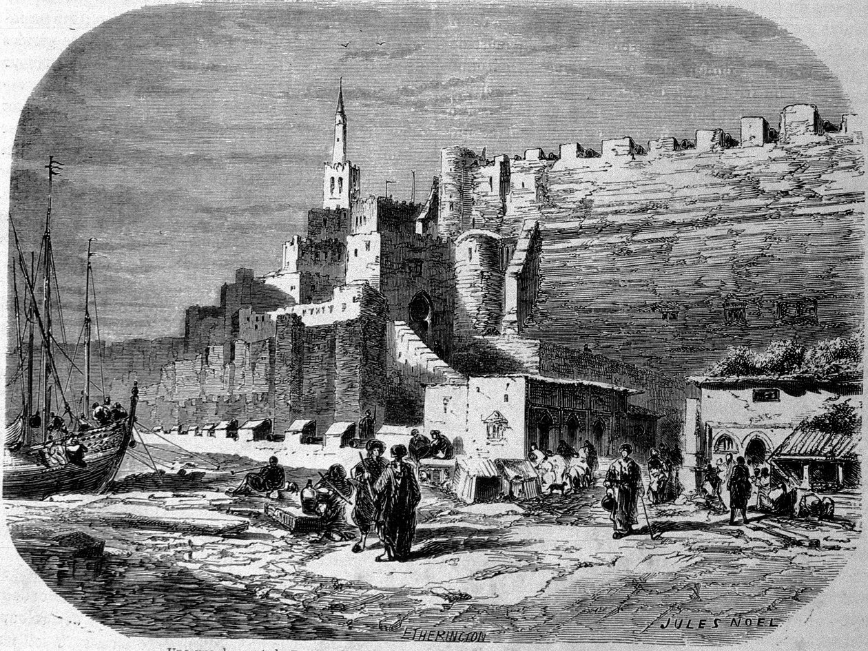 Näkymä Tangerin linnoitetun kaupungin satamaan ja Marokon rannikolle. Kaiverrus vuodelta 1860. tekijältä Unknown artist