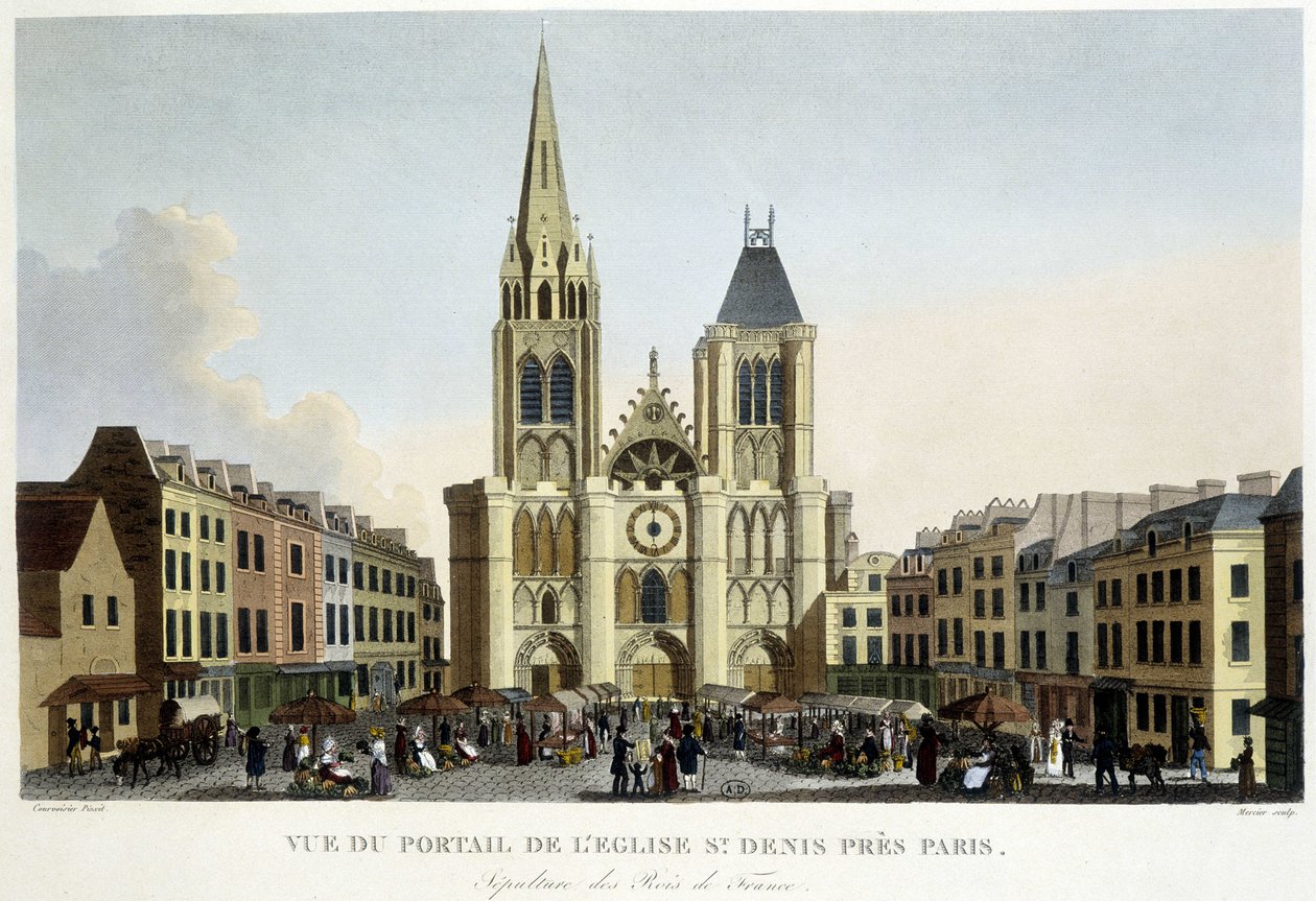 Näkymä Pyhän Denisin kirkon portaalista lähellä Pariisia, Ranskan kuninkaiden hautaamiseen ja torille - "Paris par Courvoisier" tekijältä Unknown artist