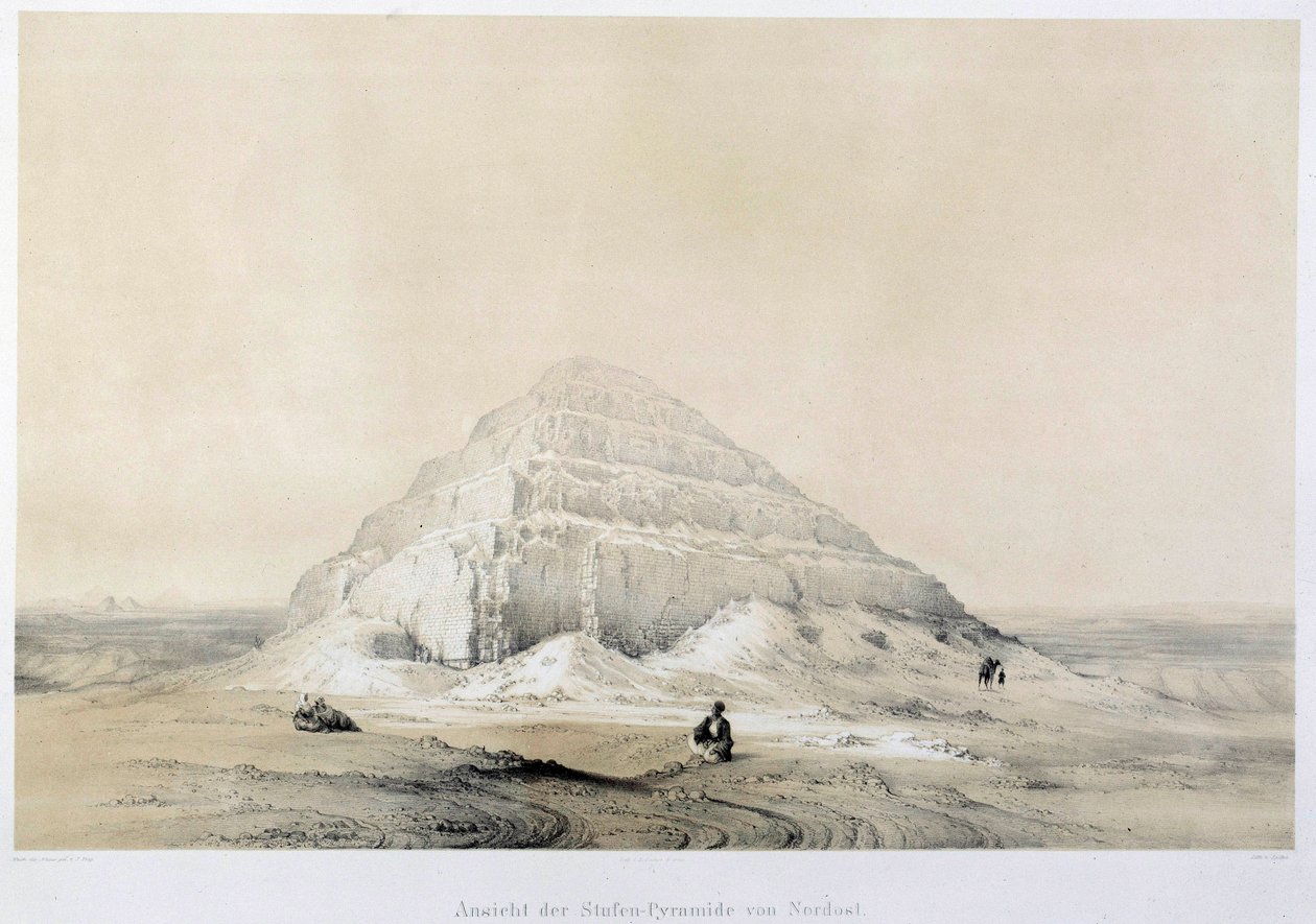 Näkymä Sakkaran (Sakkarah) pyramidista. Egypti. Kuva 1800-luvun Pariisista, Ranskan korkeakoulusta tekijältä Unknown artist