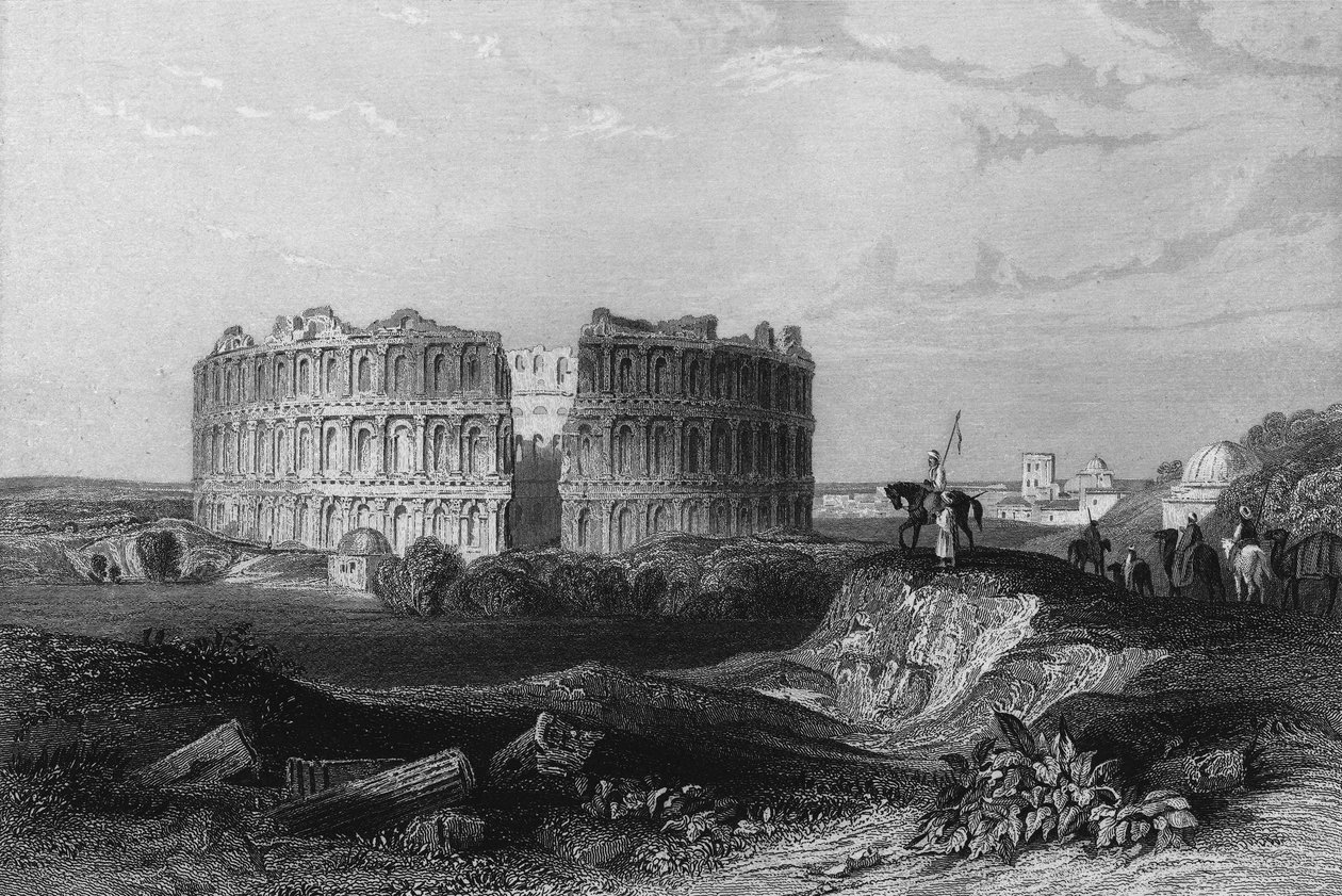 Näkymä Jemmin amfiteatterin raunioista Algeriassa 1800-luvulla, Leon Galibertin teoksessa "" L