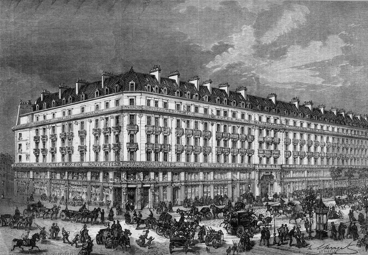 Näkymä "Pygmalion""" rue de Rivolin ja Boulevard Sebastopolin kaupoista Pariisissa vuonna 1872. tekijältä Unknown artist