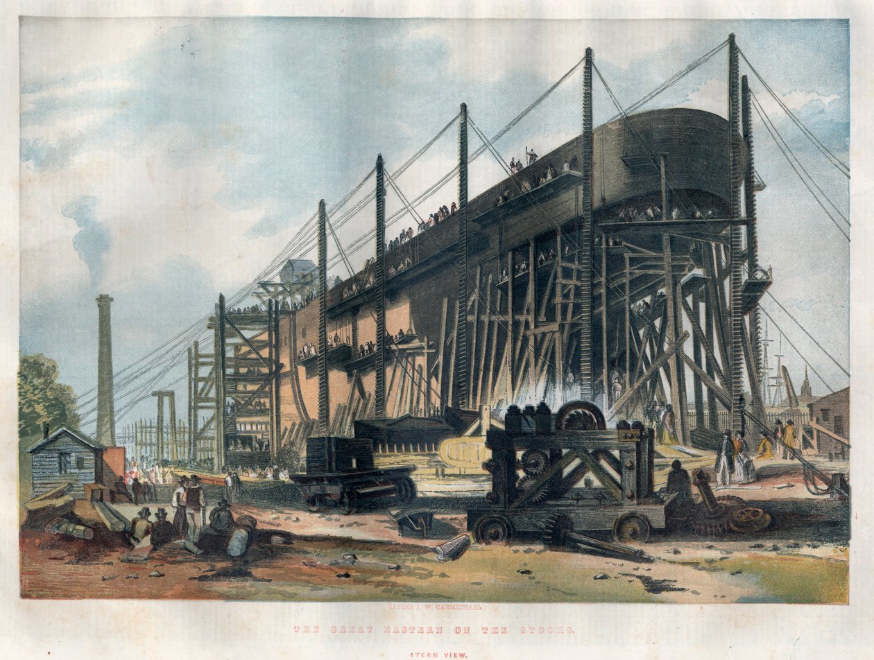 Näkymä Lontoon Thamesin telakalla rakenteilla olevan transatlanttisen linja-auton "Great Eastern" (Leviathan) perästä. Kaiverrus 7. marraskuuta 1857 julkaistuun kuvitettuun London News -lehteen. tekijältä Unknown artist
