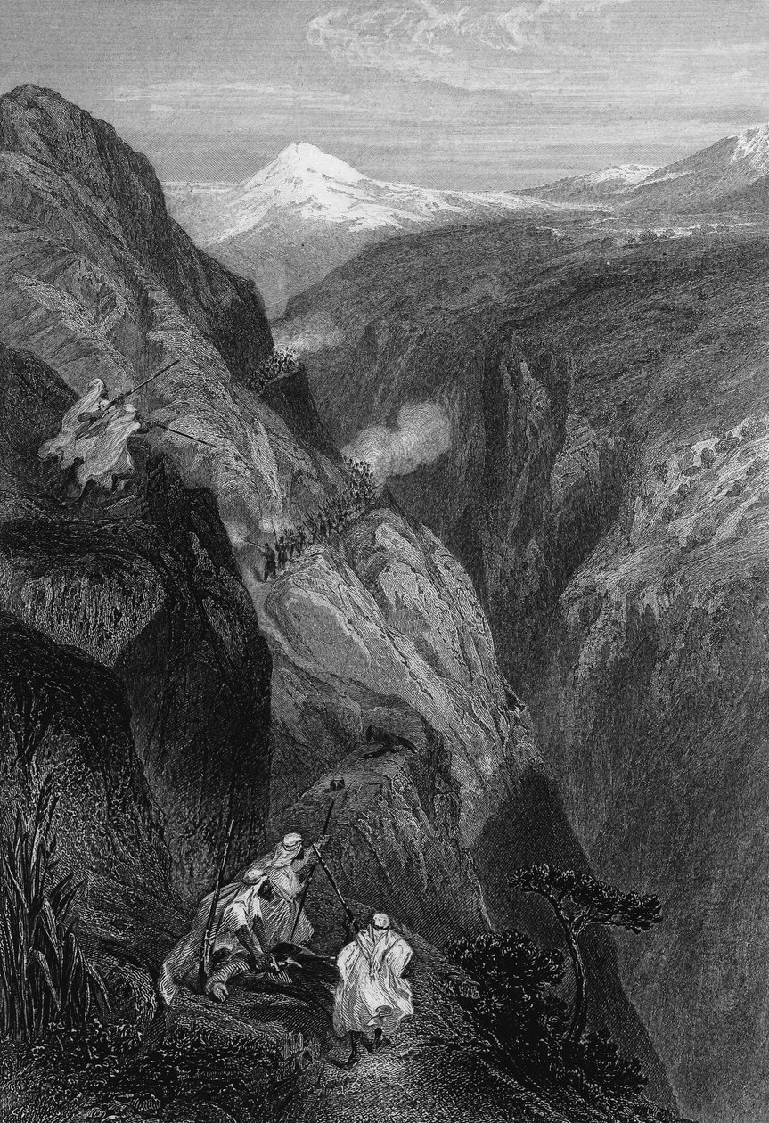 Näkymä Mouzaìan teniahille, Atlas-vuoren solalle, jonka Ranskan armeija ylitti vuonna 1830, Algeriassa 1800-luvulla, Leon Galibertin "L