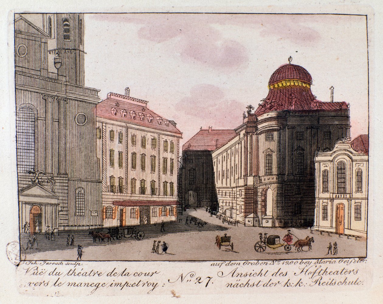 Näkymä teatterista ja pihasta kohti keisarillista maneesia Wienissä, Itävallassa. Kaiverrus 1815 Yksityiskokoelmasta tekijältä Unknown artist