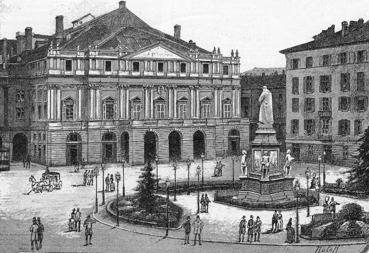 Näkymä La Scala -teatterista Milanossa, Italiassa. (Teatro alla Scala Milano) Kaiverrus teokseen "" The Illustrous World"" tekijältä Unknown artist