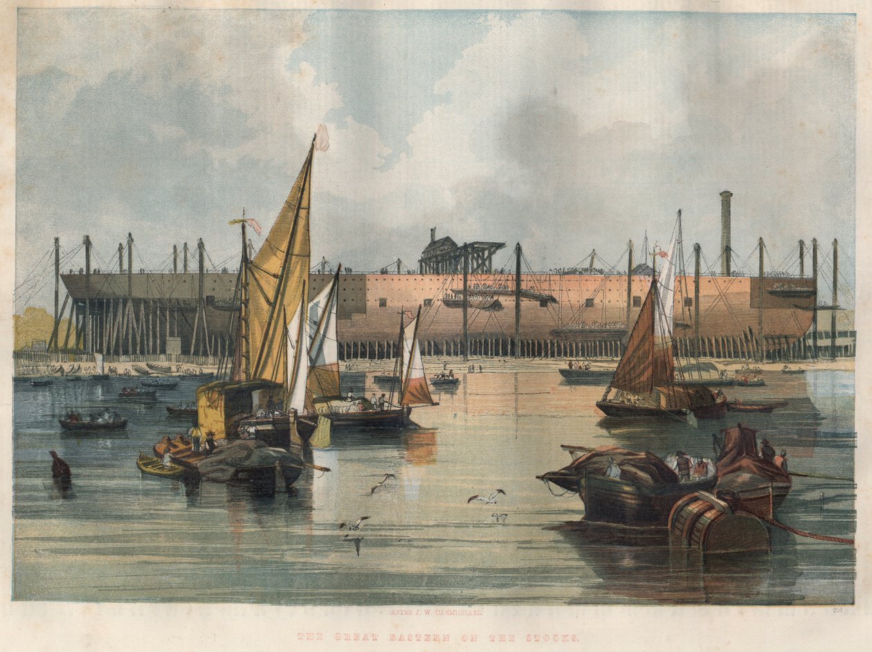 Näkymä Atlantin ylittävästä linja-autosta "Great Eastern" (Leviathan), joka on rakenteilla Lontoon Thamesin telakalla. Kaiverrus 7. marraskuuta 1857 julkaistuun kuvitettuun London News -lehteen. tekijältä Unknown artist