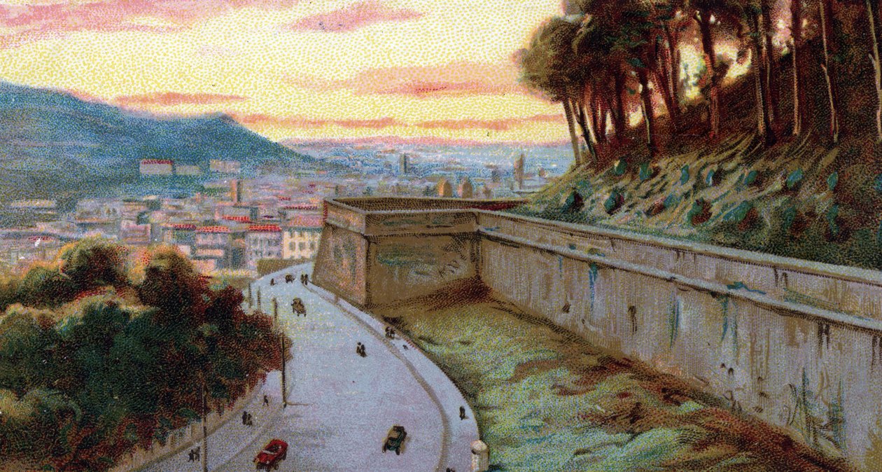 Näkymä Vatikaanivaltion ja Rooman välisen Viale Vaticanon seinistä, Italia 1930-luvun kromolitografia Yksityiskokoelma tekijältä Unknown Artist