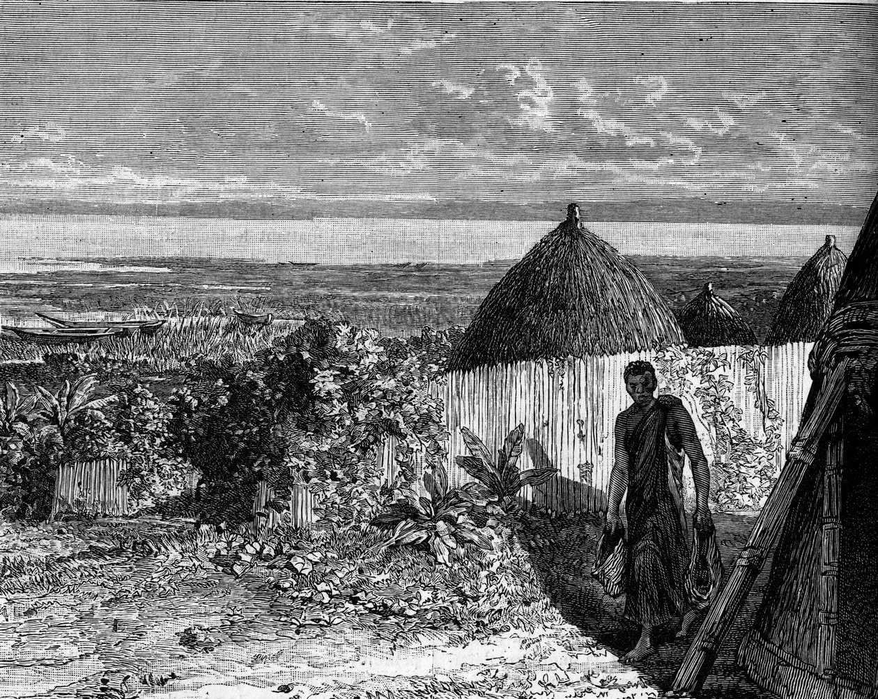 Kylä Albert Nyanza-järven (tai Albert-järven) rannalla Afrikassa. Kaiverrus "" Le Journal de la jeunesse "" tekijältä Unknown artist