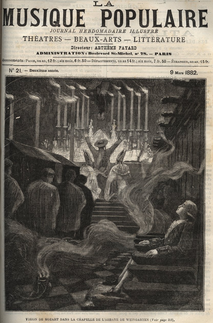 Wolfgang Amadeus Mozartin (1756-1791) visio Weingarten Abbeyn kappelissa (isot urut) Saksassa - kaiverrus maineikkaassa viikkolehdessä "" Popular Music"" - 1882 tekijältä Unknown artist