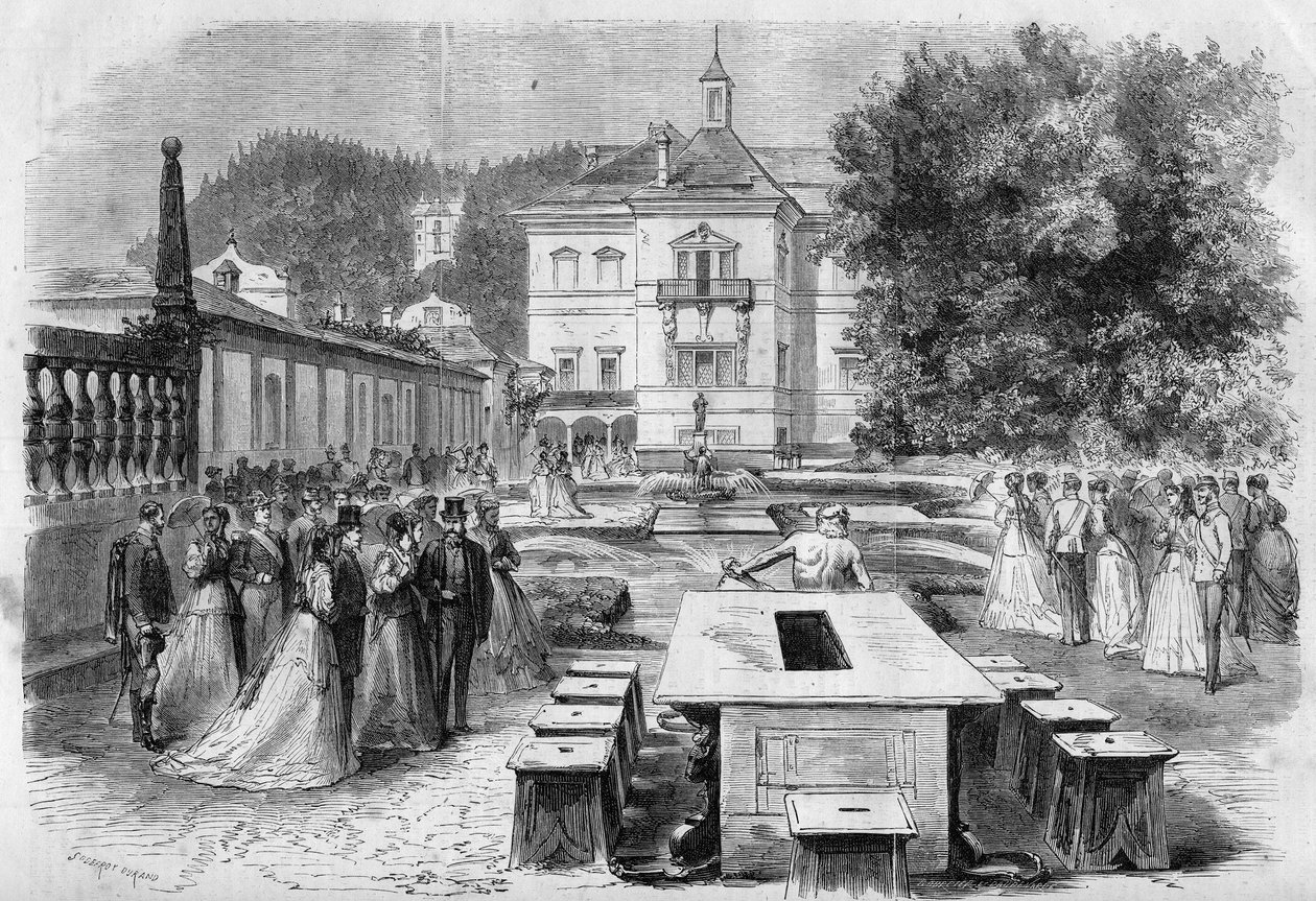 Keisari Francois-Josephin (1830-1916) ja Itävallan impressori Elisabethin (Sissi) (1837-1898) vierailu Ranskan impressin Eugenien (1826-1920) ja Napoleon III:n kanssa Hellbrunnin keisarilliseen asuinpaikkaan Itävallassa 21. elokuuta tekijältä Unknown artist