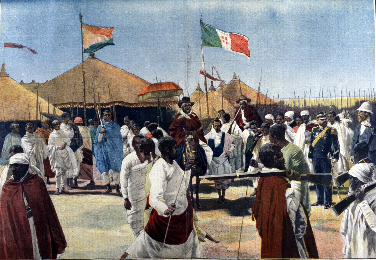 Menelik II:n (1844-1913, Etiopian kuningas) vierailu Italian täysivaltaisen Ciccodicolan presidentin luo tekijältä Unknown artist