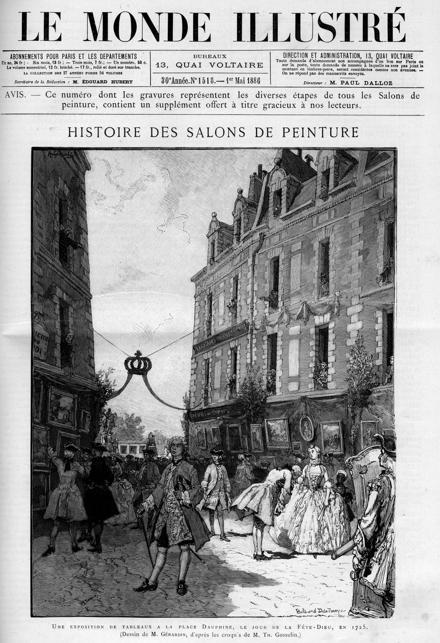 Vierailu maalausnäyttelyssä Place Dauphine -aukiolla Ile de la Citella Pariisissa fete dieu (fete dieu) -päivänä vuonna 1725. Kaiverrus ”” Le Monde illustrious”” tekijältä Unknown artist