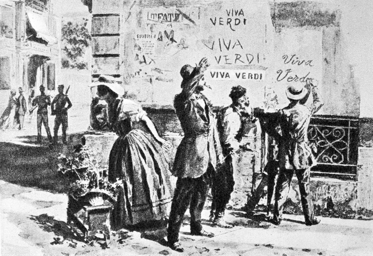 Viva Verdi: Innostuneita kirjoituksia Giuseppe Verdille Napolissa (kahden sisilian kuningaskunta) Itävallan miehityksen aikana vuonna 1859, kun hänen oopperansa Un Ballo in maschera (V.E.R.D.I. (VERDI) = Vittorio Emanuele Re d