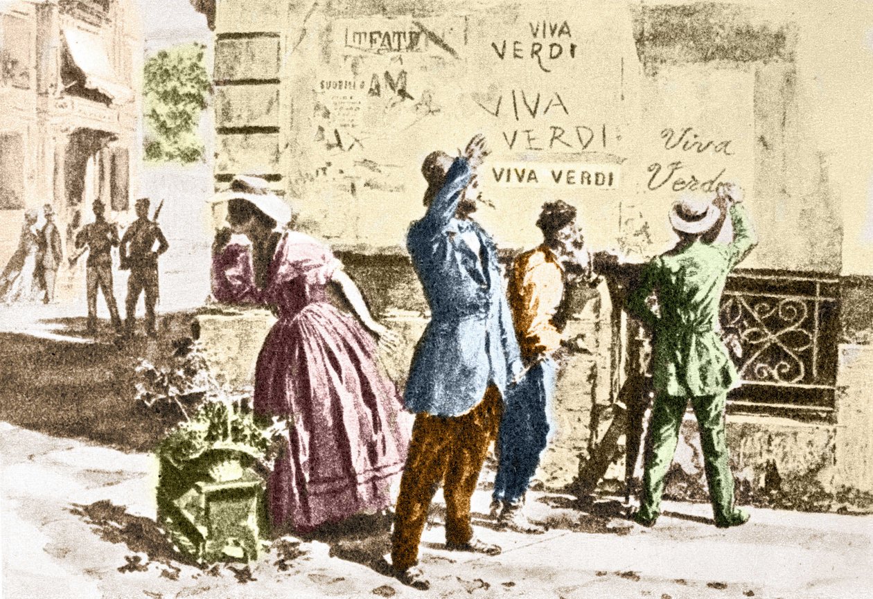 Viva Verdi: Innostuneita kirjoituksia Giuseppe Verdille Napolissa (kahden sisilian kuningaskunta) Itävallan miehityksen aikana vuonna 1859, kun hänen oopperansa Un Ballo in maschera (V.E.R.D.I. (VERDI) = Vittorio Emanuele Re d