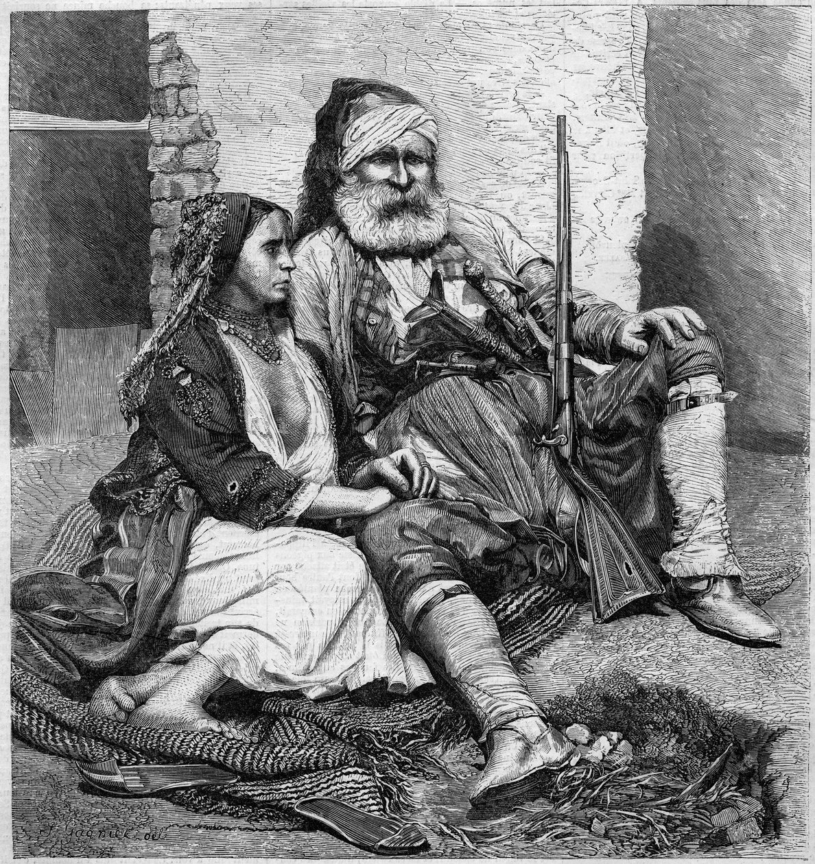 Vlach-tyypit ja -asut (Palicare ja Gypsy). Valokuvasta Ch. de Szathmari, Bukarestista. Kaiverrus "" Le Monde Illustré" -julkaisussa nro 28, 24. lokakuuta tekijältä Unknown artist