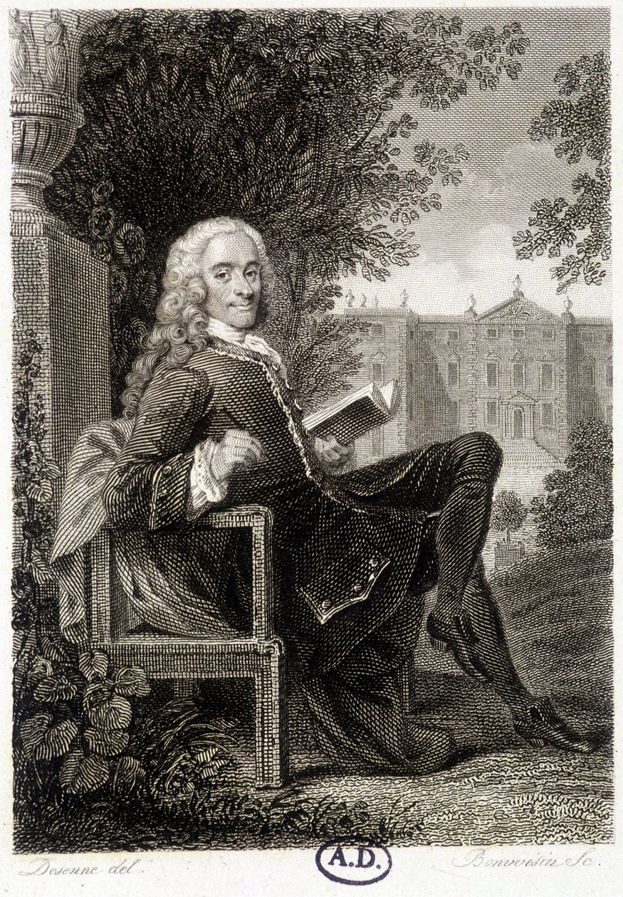 Voltaire lukemassa puistossa - kaiverrus tekijältä Unknown artist