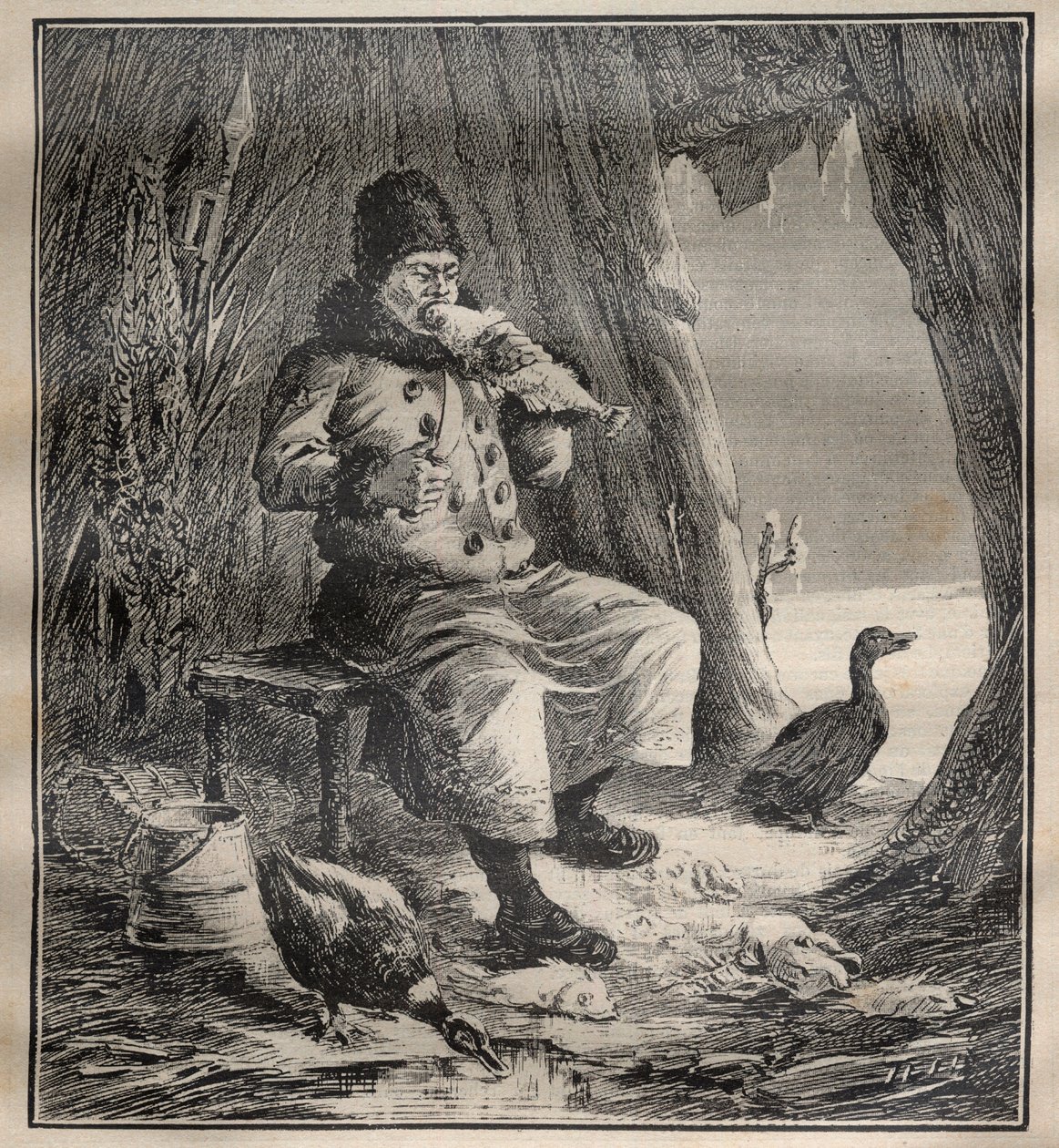 Charles Rabotin (1856-1944) matkat: Siperialainen Ostiak (hanti tai khante) syö kalaa - Kaiverrus ""La Science francaise"" tekijältä Unknown artist