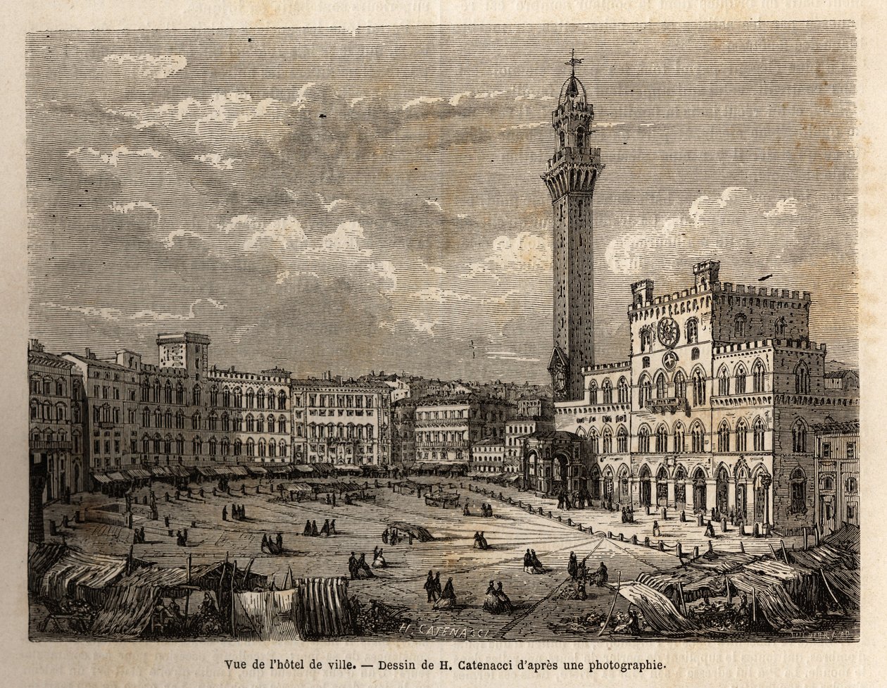 Näkymä Sienan kaupungintalon aukiolta, kaiverrus havainnollistamaan matkaa Sienaan (Italia) vuonna 1865 Edouard Chartonin johdolla julkaistussa "Le tour du monde, nouveau journal des voyages" -julkaisussa tekijältä Unknown artist