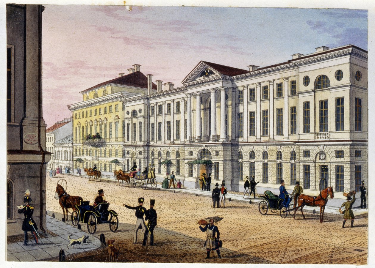 Ulkonäkymä Hotel des Postes de Saint Petersburgista (Album de Marie Taglioni) (Post Hotel Pietarissa (Marie Taglionin albumi). Nimetön etsaus ja akvarelli, 1840-luku. Moskova, A. S. Pushkinin valtionmuseo). tekijältä Unknown artist