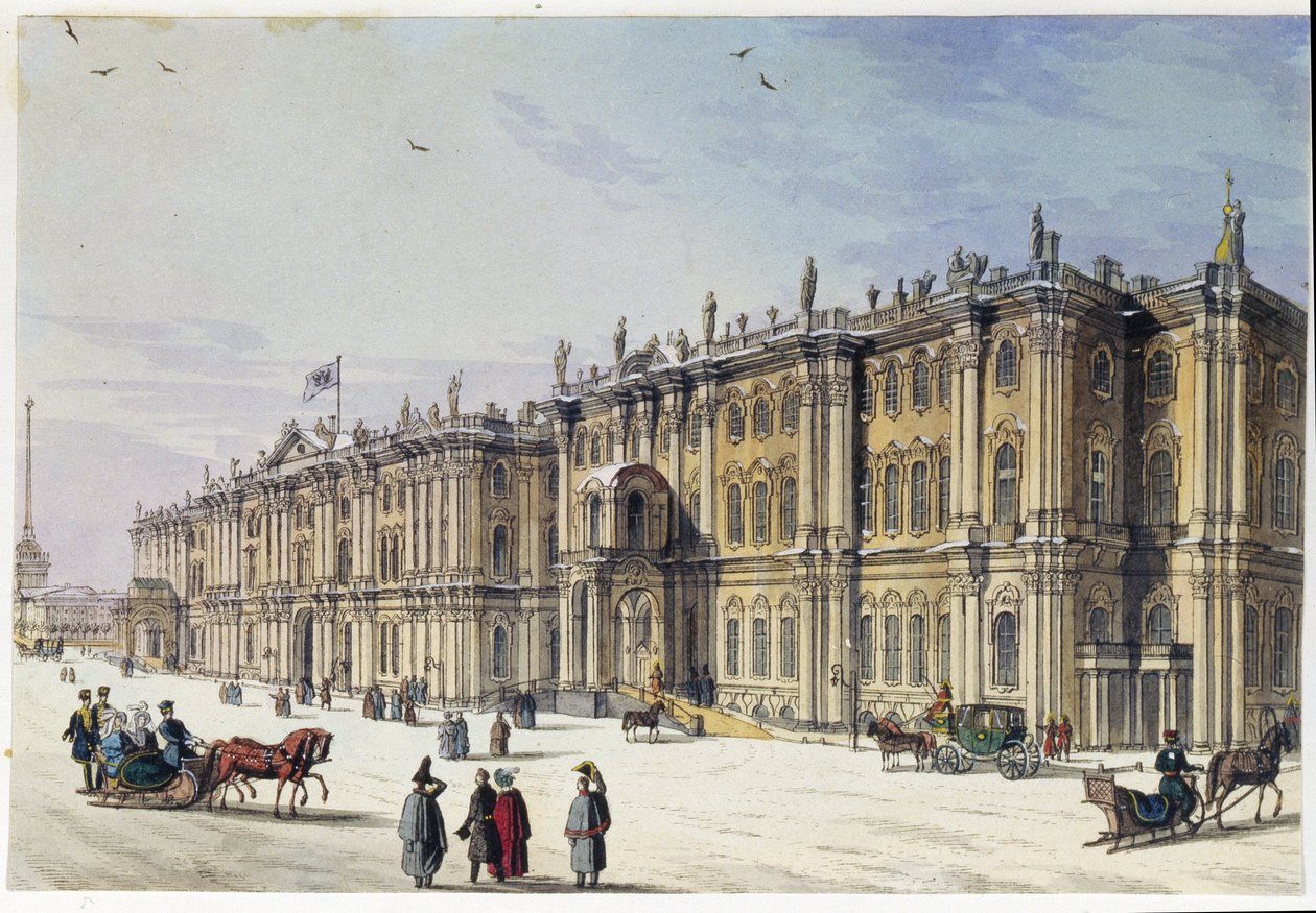 Näkymä Talvipalatsista Pietarissa (Marie Taglionin albumi). Nimetön etsaus ja akvarelli, 1840. Moskova, Museum State Museum of A.S. Pushkin. tekijältä Unknown artist