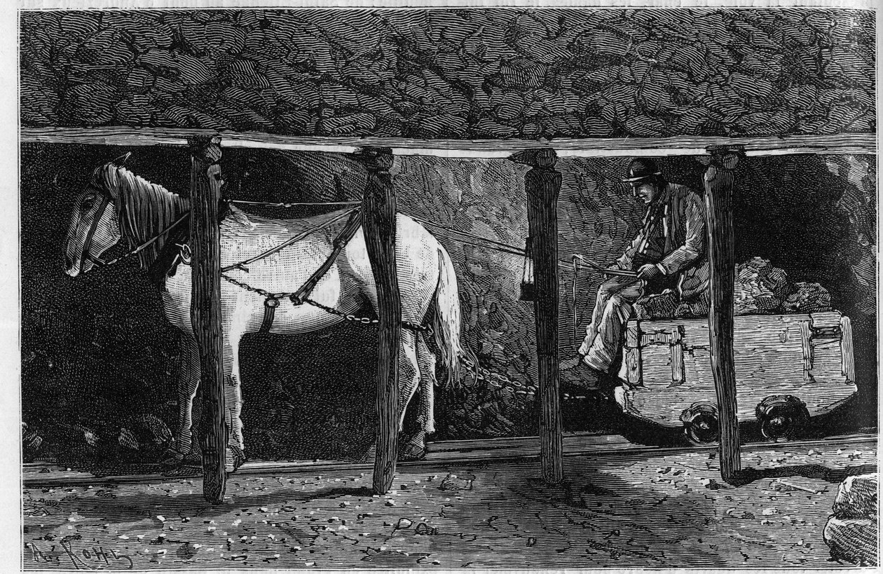 Wagonnet työskentelee Walesin hiilikaivoksissa. Kaiverrus "Le Journal de la jeunesse" tekijältä Unknown artist