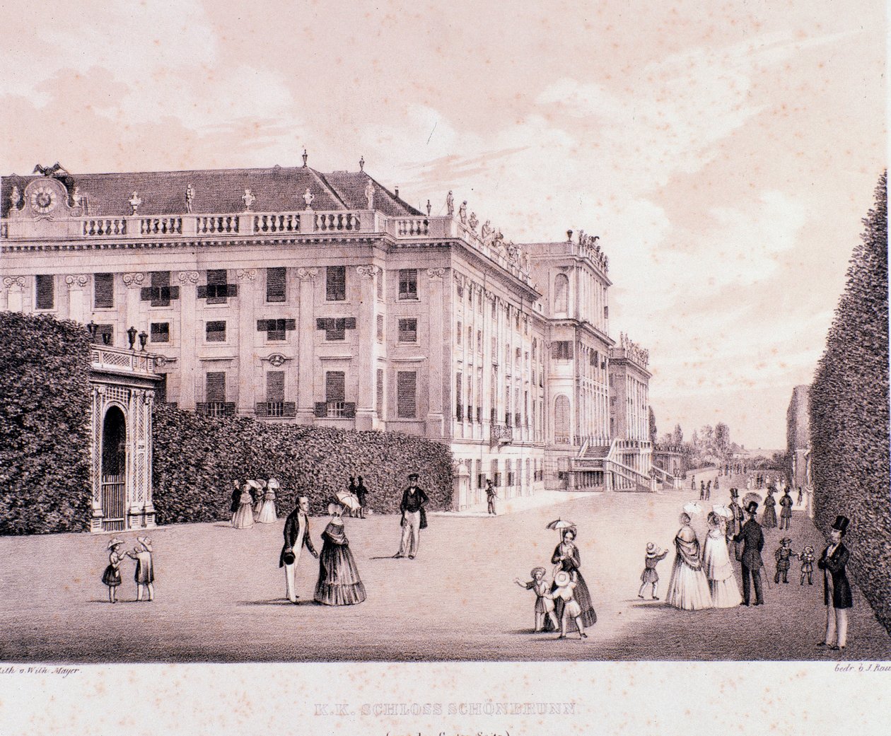 Kävelijöitä Schonbrunnin palatsin (Schoenbrunn) puistossa Wienissä. Itävalta. Printtejä 1800-luvun alusta Yksityiskokoelma tekijältä Unknown artist