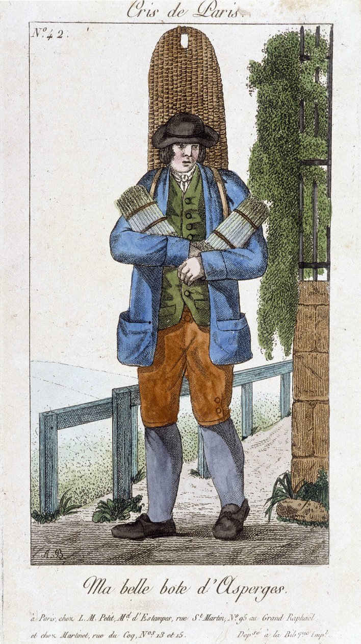 Kävelevä parsasaappaiden kauppias - "" Cris de Parisissa"", deb. 1800-luvulla tekijältä Unknown artist
