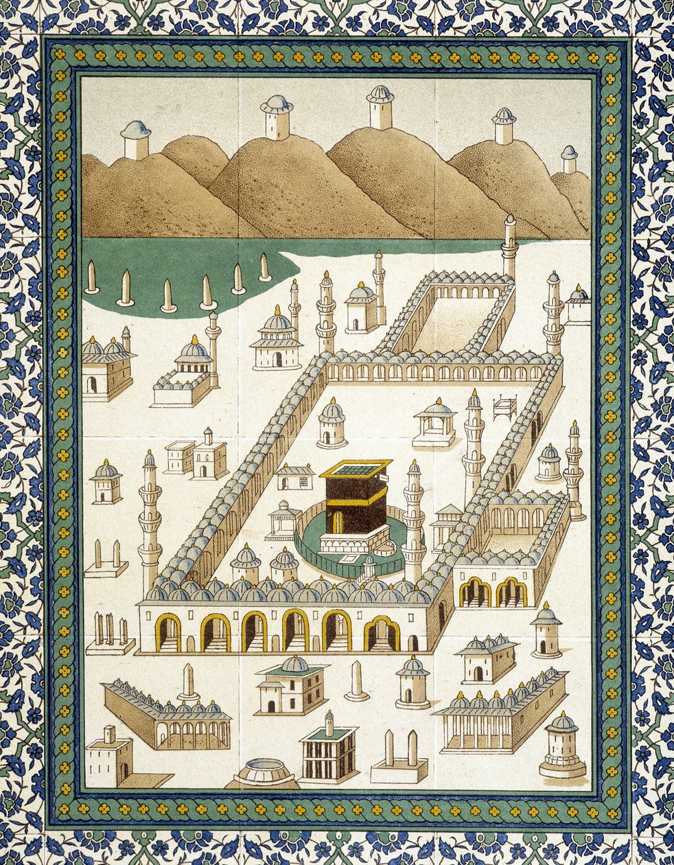 Seinäfajansit: paneeli, joka edustaa Kasbahia (kasbahia) ja sen ympäristöä (Mekka) - teoksessa "" arabitaite Kairon monumenttien mukaan 7.-1700-luvulla"", kirjoittaja Prisse d