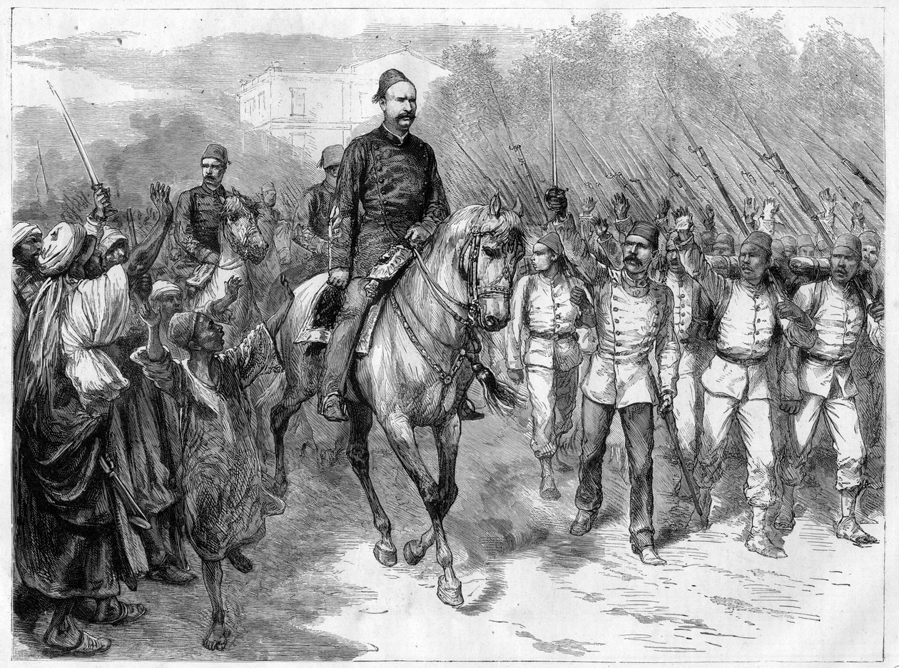 Sota Egyptissä - Arabi Pashan lähettiläät värväsivät sotilaita heimojen keskuudesta taistelemaan brittejä vastaan - Arabi Pasha (Orabi Pasha, Ahmed Urabi) (1841-1911) ja hänen joukkonsa vuonna 1882 tekijältä Unknown artist