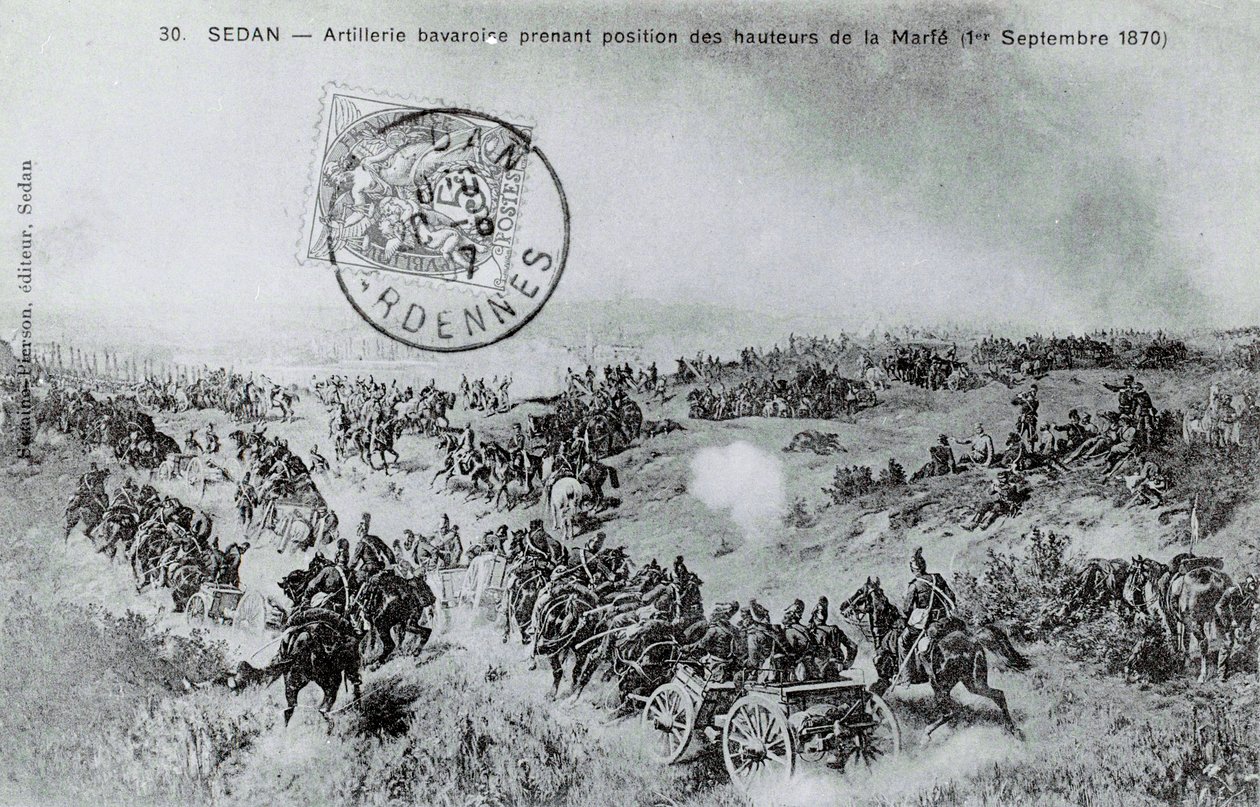 Vuoden 1870 sota: Baijerin tykistö ottaa kantaa Marfen korkeuksista Ardenneilla 1.9.1870. Kaiverrus vuodelta 1870 tekijältä Unknown artist