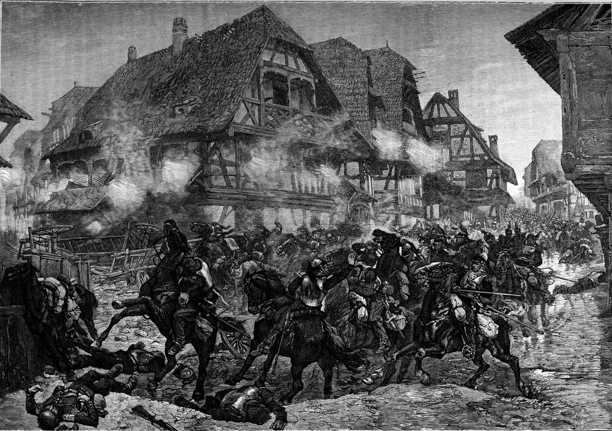Sota 1870: 8. ja 9. taistelulaivan hyökkäys Morsbronnin (Alsace) kaduilla. Kaiverrus "" Le Journal de la jeunesse "" tekijältä Unknown artist