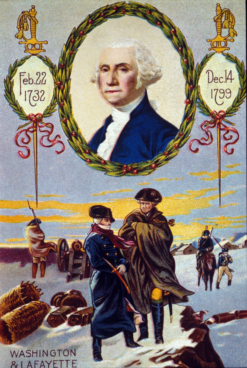 Yhdysvaltain itsenäisyyssota: markiisi de Lafayette (1757-1834) tapasi George Washingtonin (1732-1799) Valley Forgen kanssa auttamaan häntä vuonna 1777. 1800-luvun kromolitografia tekijältä Unknown artist