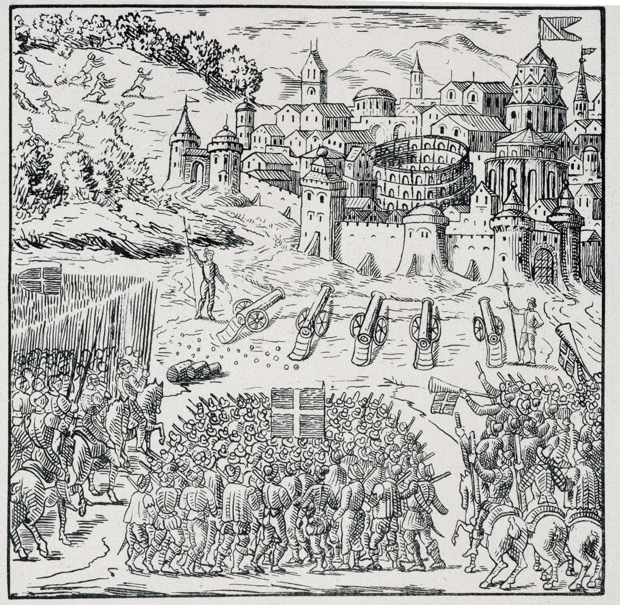 Uskontojen sota: Kuninkaan armeijan (Henry III) piirittämä Nîmesin kaupunki vuonna 1576 - "" Kokoelmassa 39 hahmoa, jotka edustavat Ranskan onnettomuuksia vuosina 1562–1586", Louis Perrin imprim. tekijältä Unknown artist