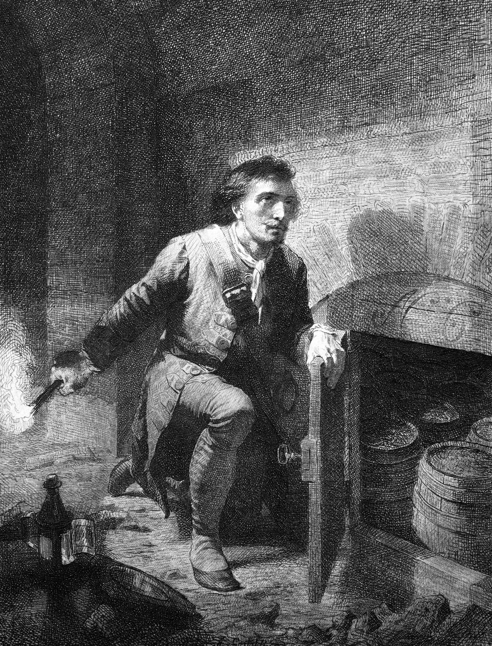 Espanjan peräkkäissota: Piemontanen kaivossotilas Pietro (Pierre) Micca (1677-1706) otti kiinni ruutitynnyrin estääkseen ranskalaisten sotilaiden pääsyn linnoituksen kellariin Torinon piirityksen aikana vuonna 17. tekijältä Unknown artist