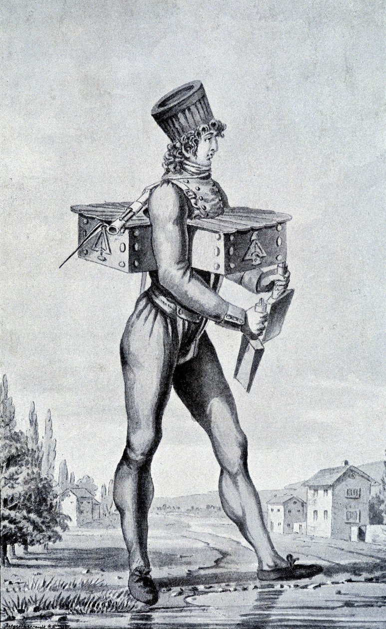 1800-luvun sotapuku. kaiverrus 1800-luvulta. tekijältä Unknown artist