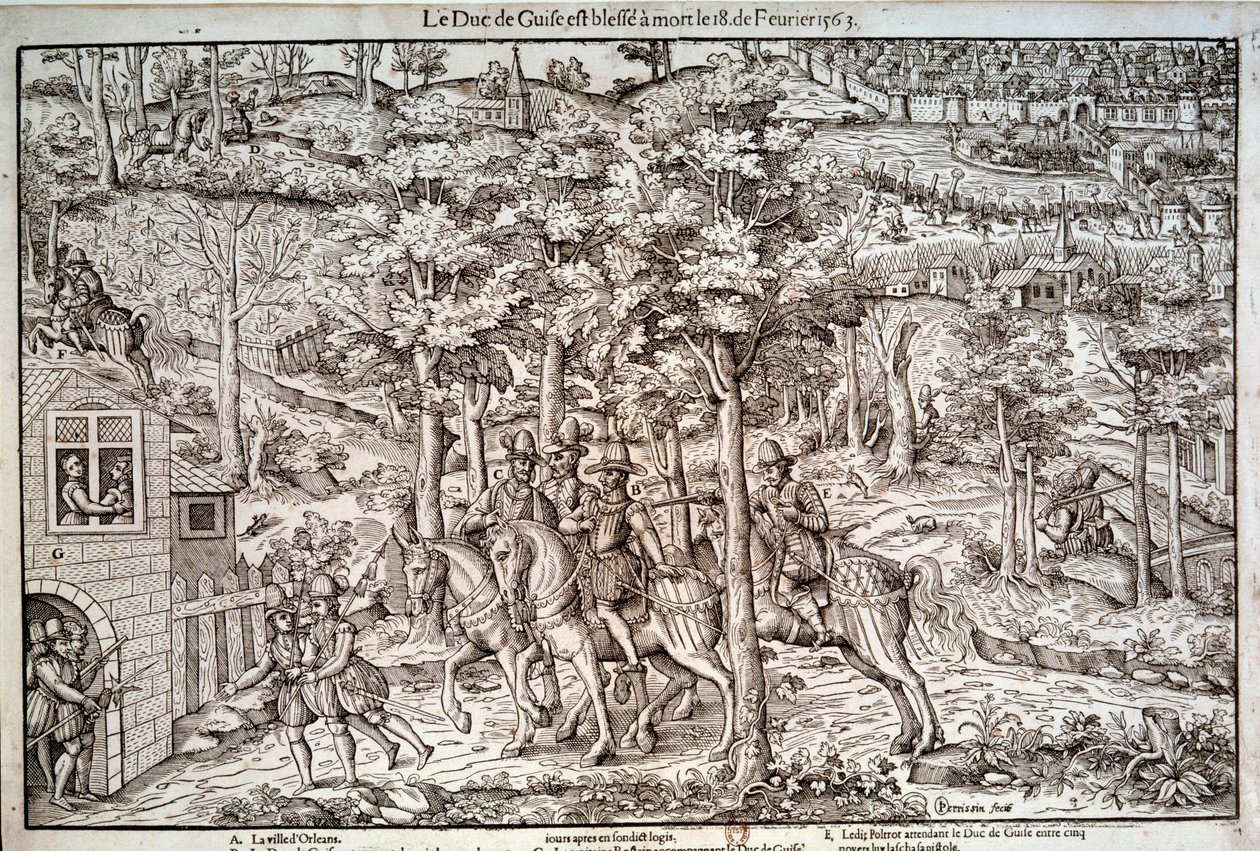 Uskonsodat 1562-1598 "" Francois I:n Lorraine (1519-1563) Guisen toisen herttuan salamurha 18.2.1563. Katolisen johtajan tappoi kalvinisti Jean de Poltrot de Mere tai Merey. Kaiverrus 1500-luvulta. Paris, B.N. tekijältä Unknown artist