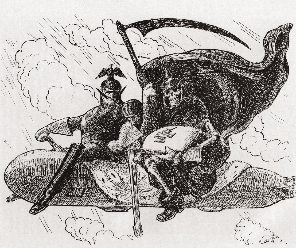 "Me kaksi", sotapäällikkö ja hänen liittolaisensa: Saksalainen komentaja ja luuranko eli kuolema, joka istuu Zeppelinin katolla. tekijältä Unknown Artist