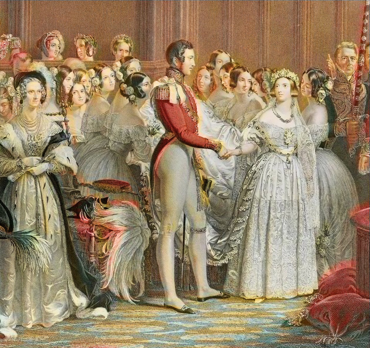 Kuningatar Victorian häät Saksin prinssi Albertin kanssa Cobourg Gothan Saint James Palacessa Lontoossa 10. helmikuuta 1840 (kaiverrus) tekijältä Unknown artist