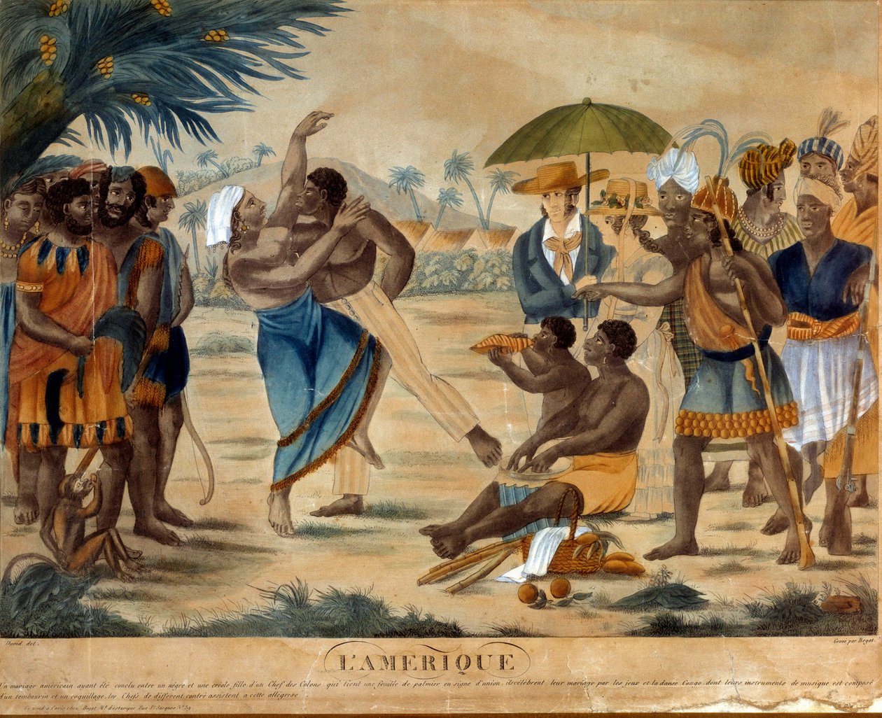 Häät mustan ja kreolin välillä. 1800-luvun kaiverrus. La Rochelle, Musee Du Nouveau Monde tekijältä Unknown artist