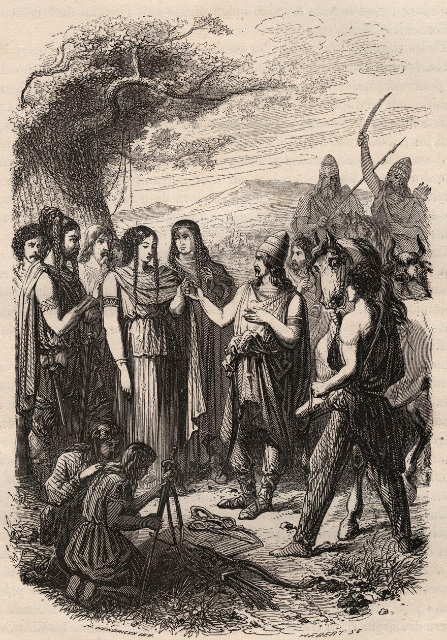 Häät seremonia saksalaisilla. Kaiverrus vuodelta 1868 Theodore Justen (1818-1888) teokseen "Histoire de Belgique primitiivistä Leopold I:n hallituskauden loppuun". Yksityinen kokoelma. tekijältä Unknown artist