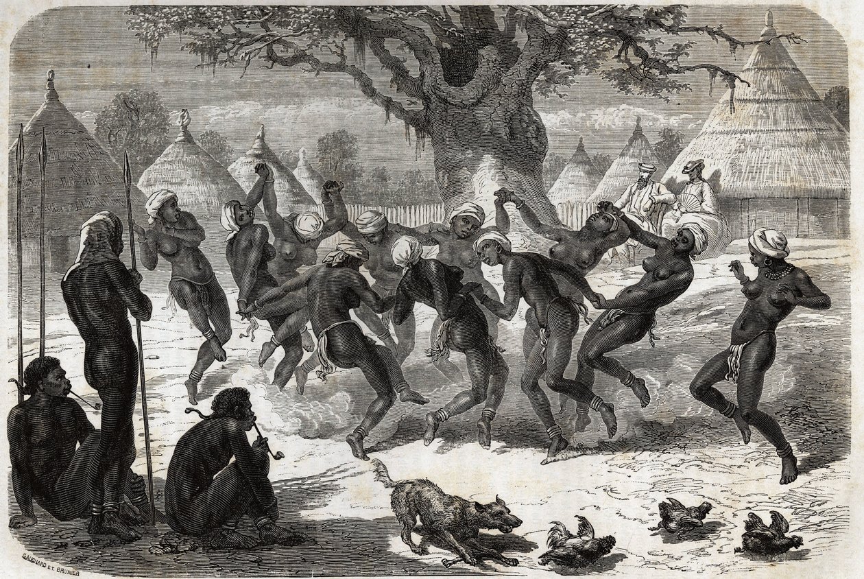Heimoon kuuluvien naisten tervetulotanssi Bakerin ja hänen vaimonsa palattua Albert-järveltä (Albert Nyanza). Engravure pour illustration le voyage au lac Albert, en 1861-1864, kirjoittaja Sir Samuel White Baker, teoksessa "Le tour du monde, nouveau journa tekijältä Unknown artist