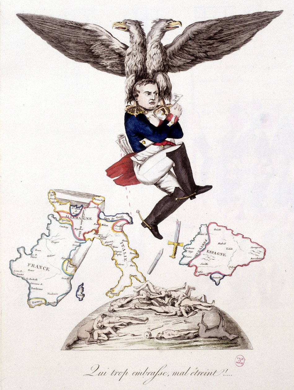 Se, joka myös syleilee pahasti, syleilee: kylvättyään kuoleman kaikkialle Eurooppaan Napoleon liittyy Elban saareen kotkan kantamana - "" Napoleon 1st, karikatyyreissä, nukkekokoelma", n. 1814 tekijältä Unknown artist