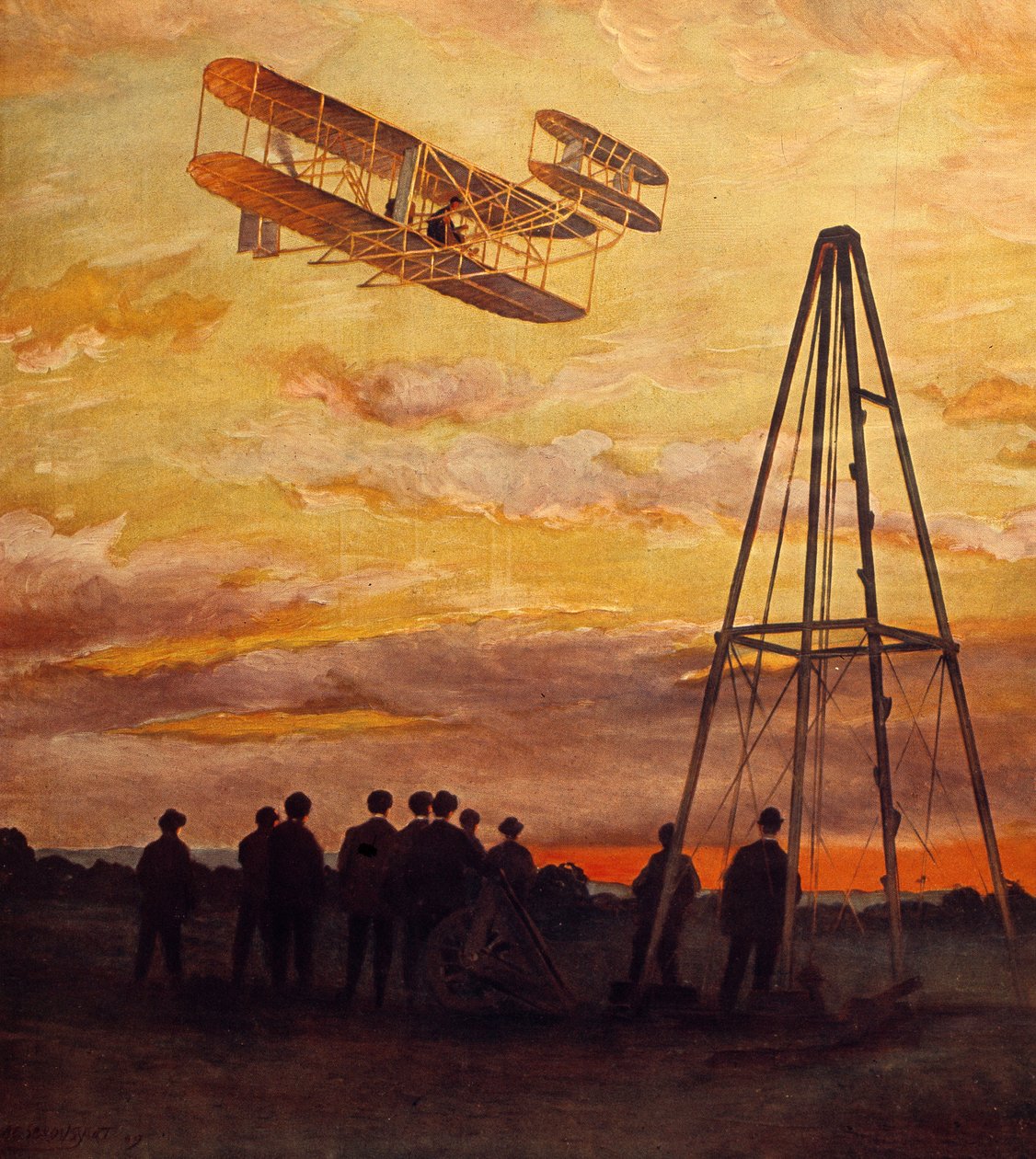 Wilbur Wrightin (1867-1912) lentokone lennossa. tekijältä Unknown Artist