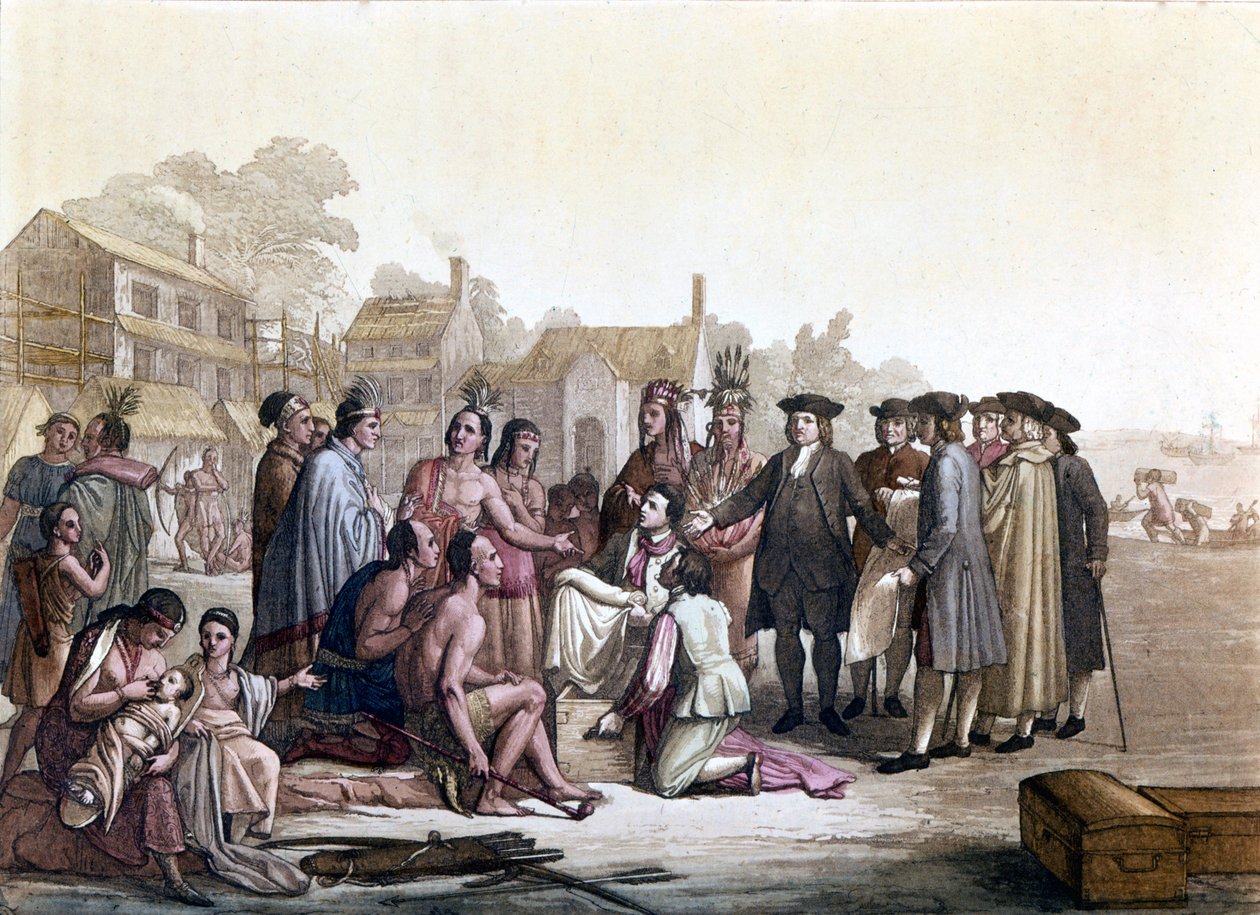 William (Guillaume) Penn (1644-1718), englantilainen kvakeri, käsittelee maanhankintaa Amerikan intiaanien kanssa - Näin hän loi perustan Pennsylvanialle ja Philadelphian kaupungille - Kuva "" Vanha ja moderni puku" ””, kirjoittanut Jules tekijältä Unknown artist