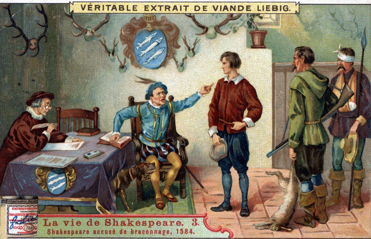 William SHAKESPEARE (1564-1616) syytetty salametsästyksestä vuonna 1584. Chromo liebig 1800-luvun lopulta. tekijältä Unknown artist