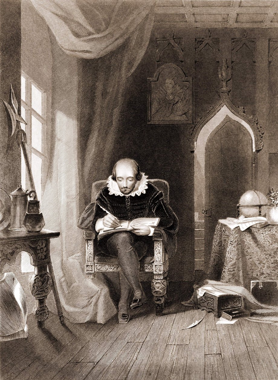 William Shakespeare (1564 - 1616) toimistossaan. tekijältä Unknown artist