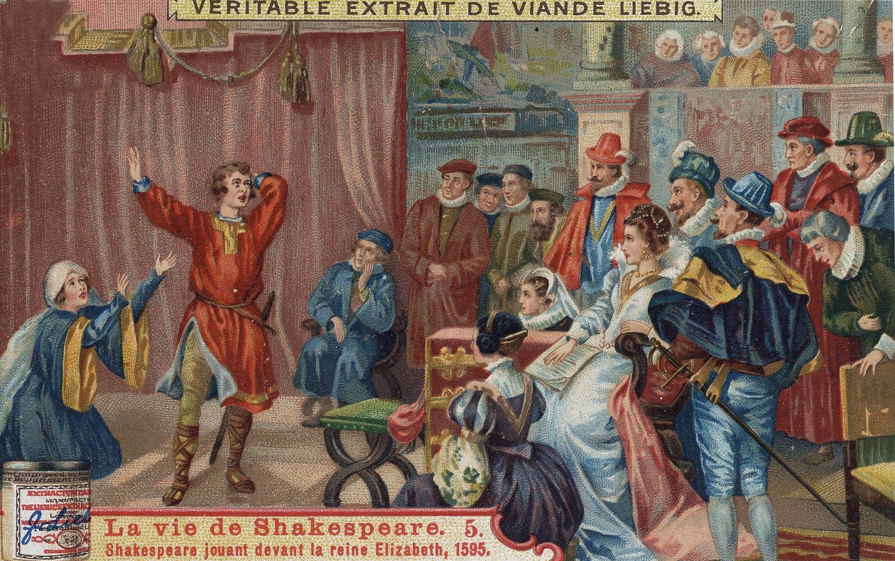 William Shakespeare näyttelee kuningatar Elizabeth I:n edessä ja hänen hovissaan tekijältä Unknown artist